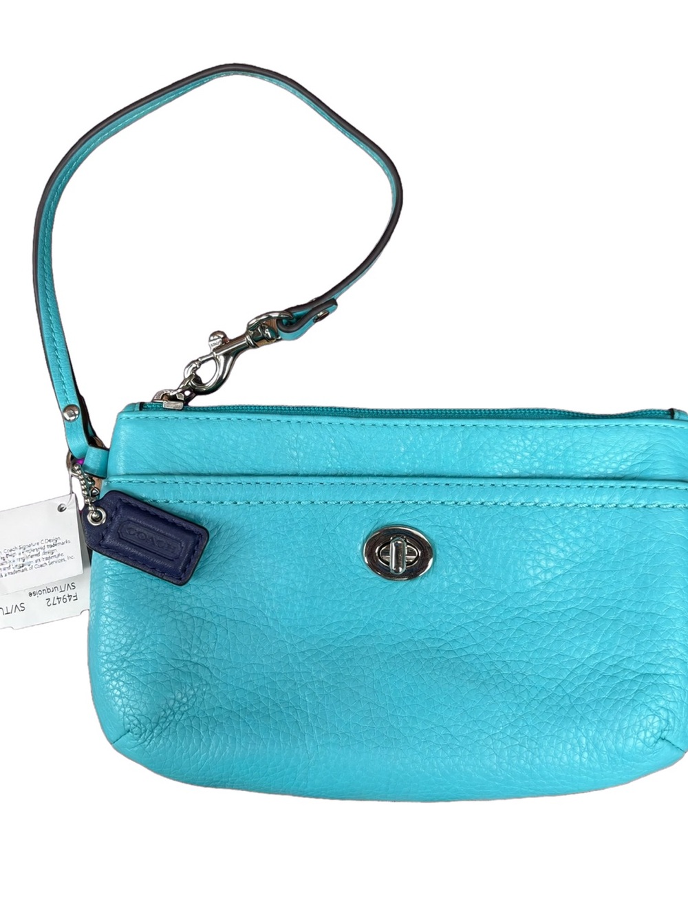 NWT Coach F49472 Park Leather Wristlet Turquoise Pebble Silver Turnlock